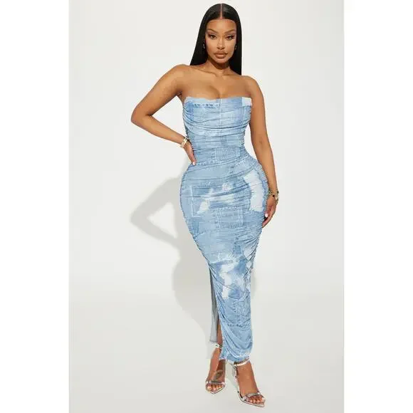 Fashion Nova Alexis Mesh Strapless Maxi Dress Size 3X NWT Blue Combo - Picture 6 of 9